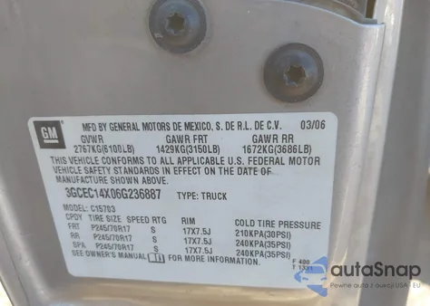 2006 Chevrolet Silverado 1500 Work Truck from USA, damaged, VIN 3GCEC14X06G236887